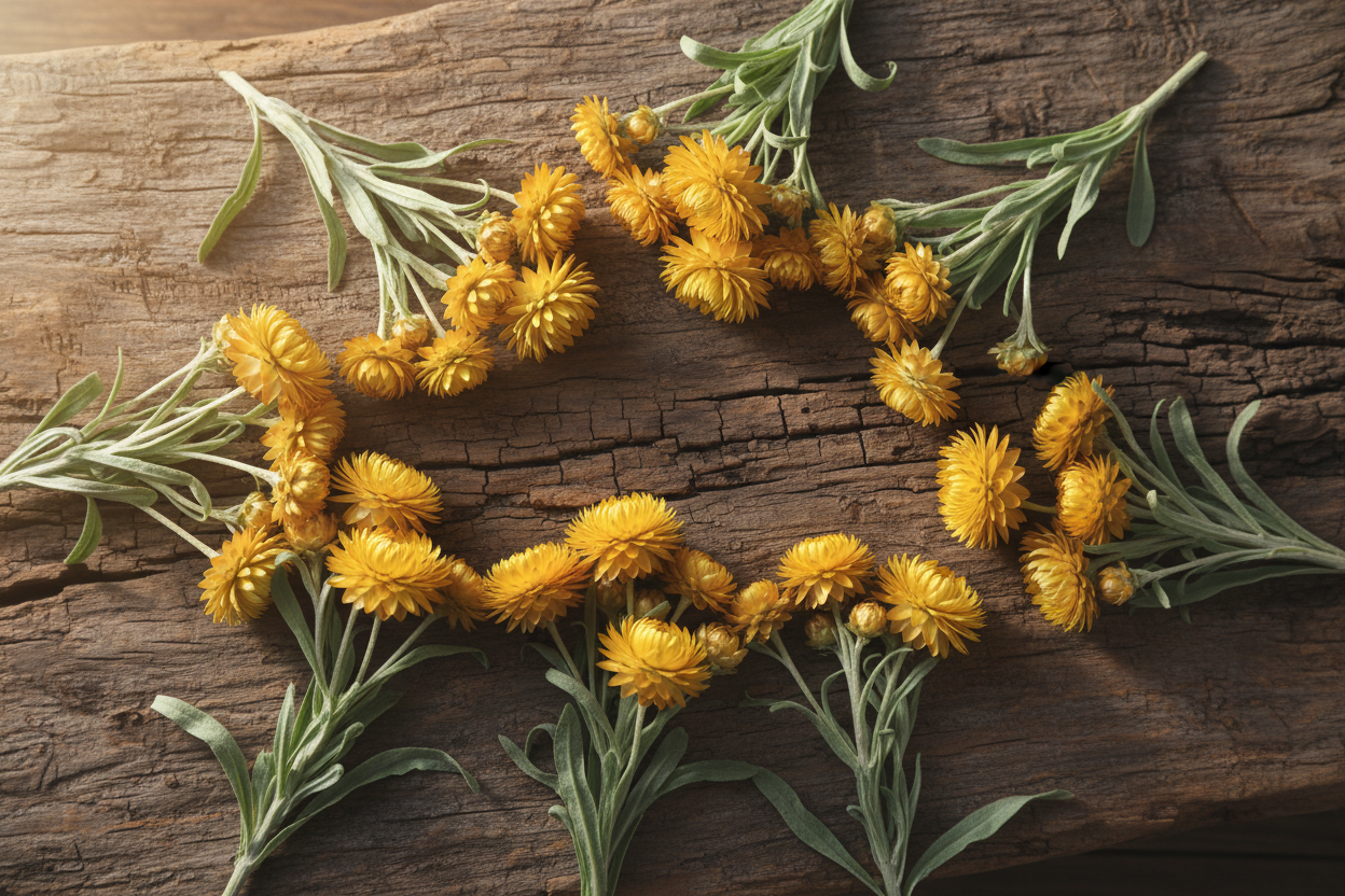 Helichrysum on a wooden slab